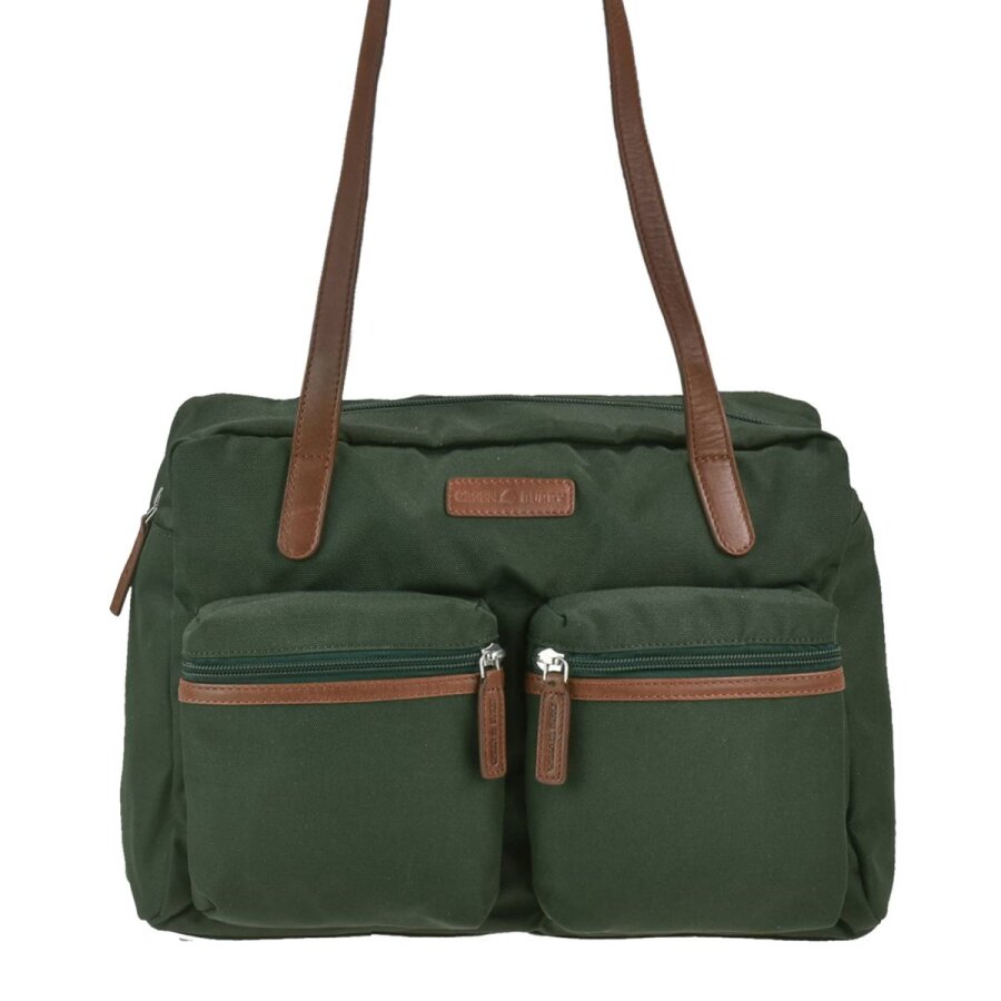 Shopper Damen Nylon grün 2 Vortaschen lange Griffe | Greenburry Nylon - Emily Schultertasche für Shopping Freizeit 1400-30