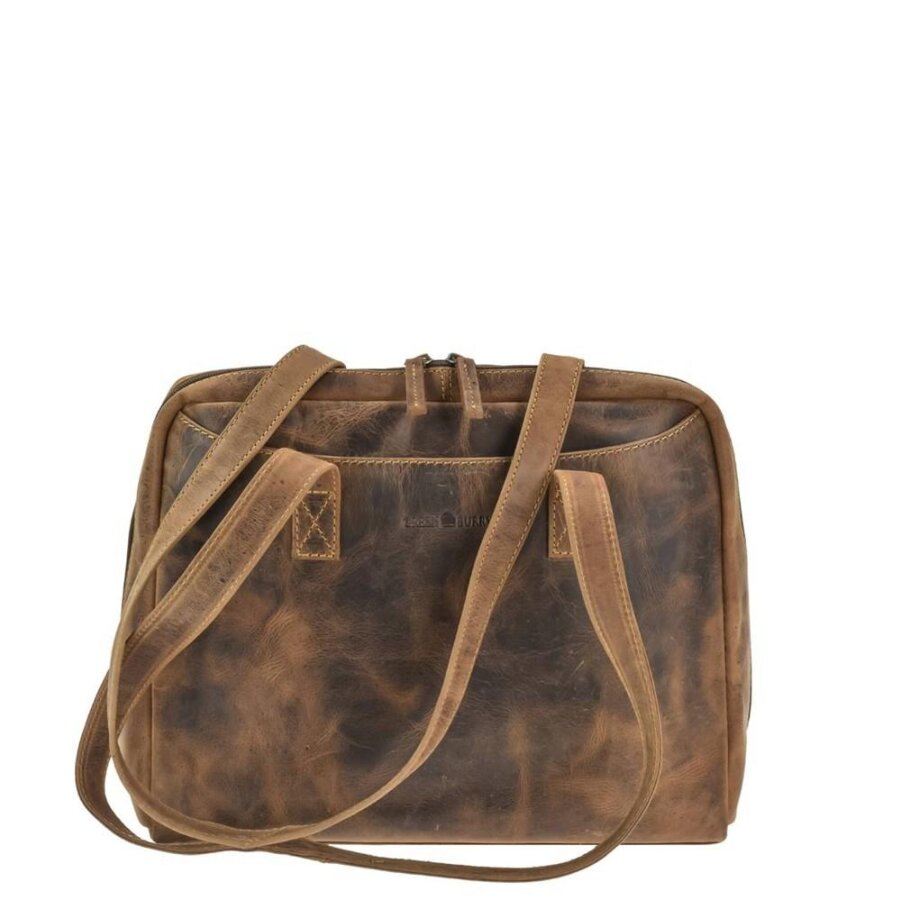 City-Shopper Damen Leder antikbraun mit A4-Hauptfach | Greenburry Vintage-Original Schultertasche für Business Schule Uni Arbeit City 1535-25