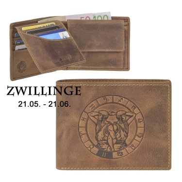 Geldbörse Leder 12x9cm "Vintage" mit Sternzeichen Zwillinge